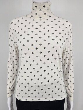 Vintage 1990s Justin Allen Ivory/Black Geometric Print Turtleneck Top (M) *Flaws